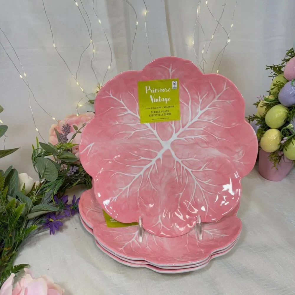 Primrose Vintage Melamine Dinner Plates Pink Cabbage Leaf 11” set of 4 New - Picture 2 of 3